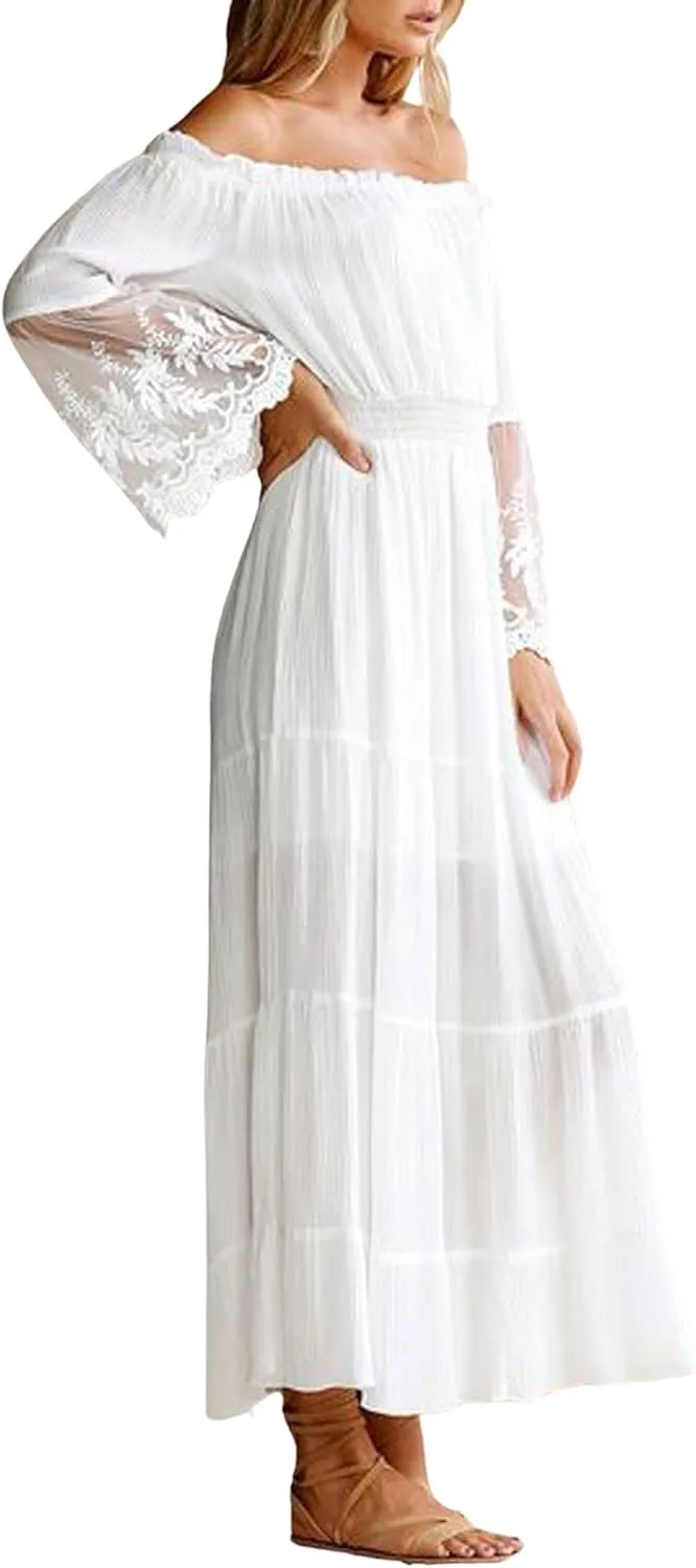 CHARTOU Women Off The Shoulder Maxi Dress Lace Long Flowy Dress Ruffle Tube Beach Vacation Sundress Summer