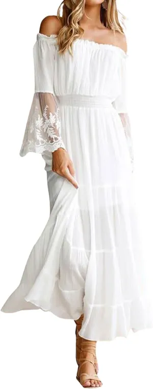 CHARTOU Women Off The Shoulder Maxi Dress Lace Long Flowy Dress Ruffle Tube Beach Vacation Sundress Summer