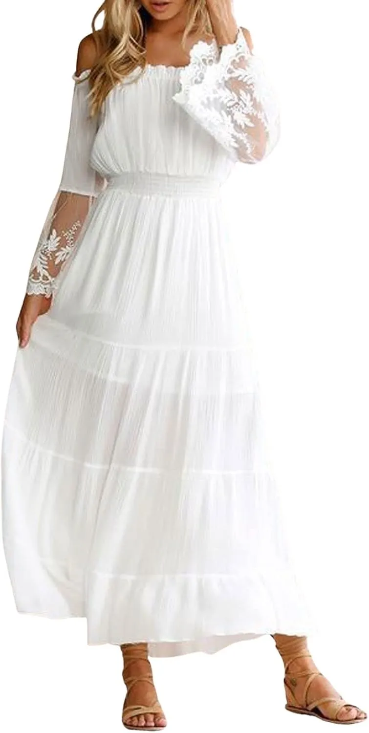 CHARTOU Women Off The Shoulder Maxi Dress Lace Long Flowy Dress Ruffle Tube Beach Vacation Sundress Summer