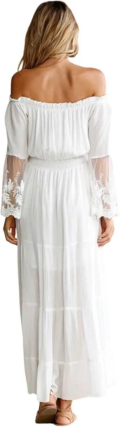 CHARTOU Women Off The Shoulder Maxi Dress Lace Long Flowy Dress Ruffle Tube Beach Vacation Sundress Summer