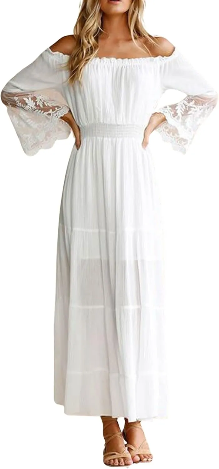CHARTOU Women Off The Shoulder Maxi Dress Lace Long Flowy Dress Ruffle Tube Beach Vacation Sundress Summer