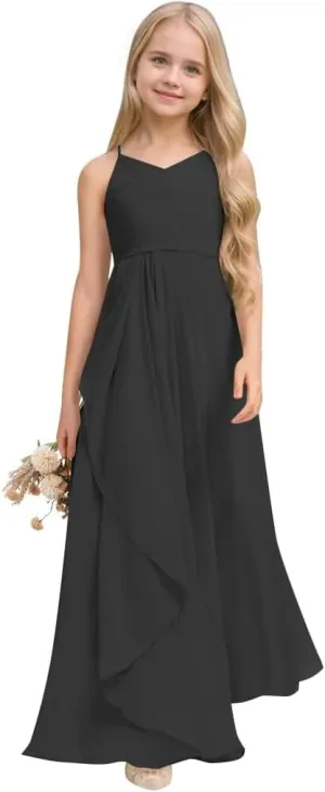 Chiffon Flower Girl Dress Long Junior Bridesmaid Dress for Wedding Sleeveless Formal Prom Gowns for Teens