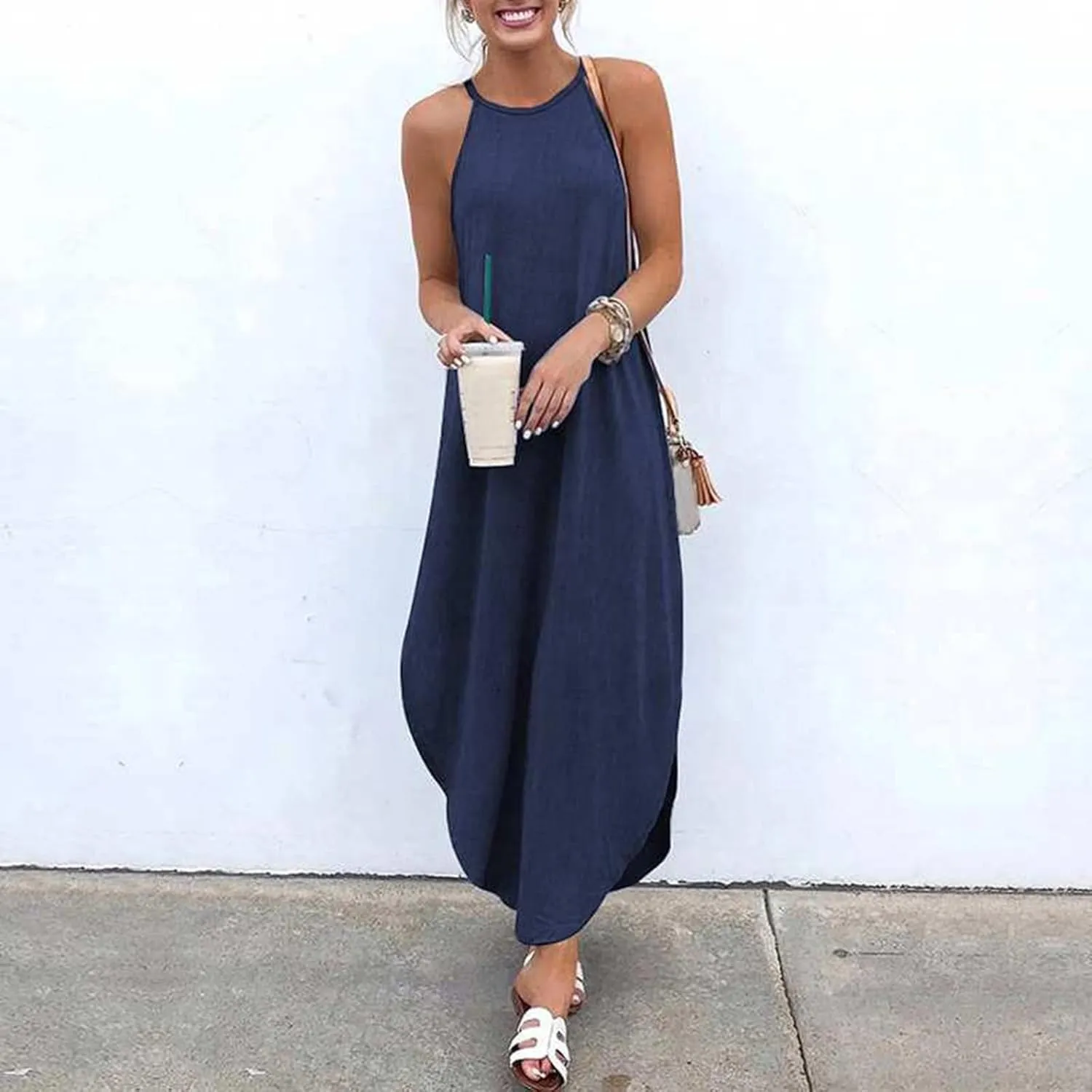 chouyatou Women Summer Beach Sleeveless Halter Dress Sexy Denim Dress Side Slit Jean Dress Maxi Sundress