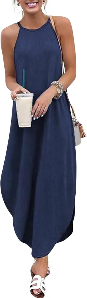 chouyatou Women Summer Beach Sleeveless Halter Dress Sexy Denim Dress Side Slit Jean Dress Maxi Sundress