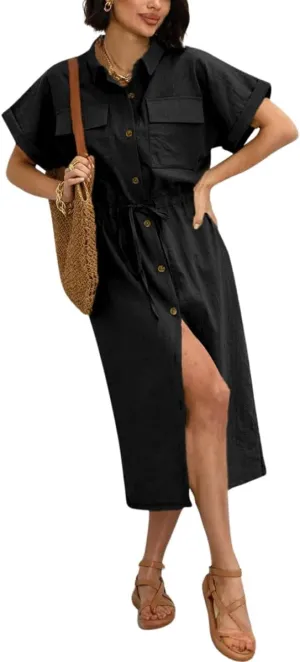 chouyatou Women's Summer Button Down Shirt Dress High Elastic Waist Boho Beach Midi Long Tunic Dress