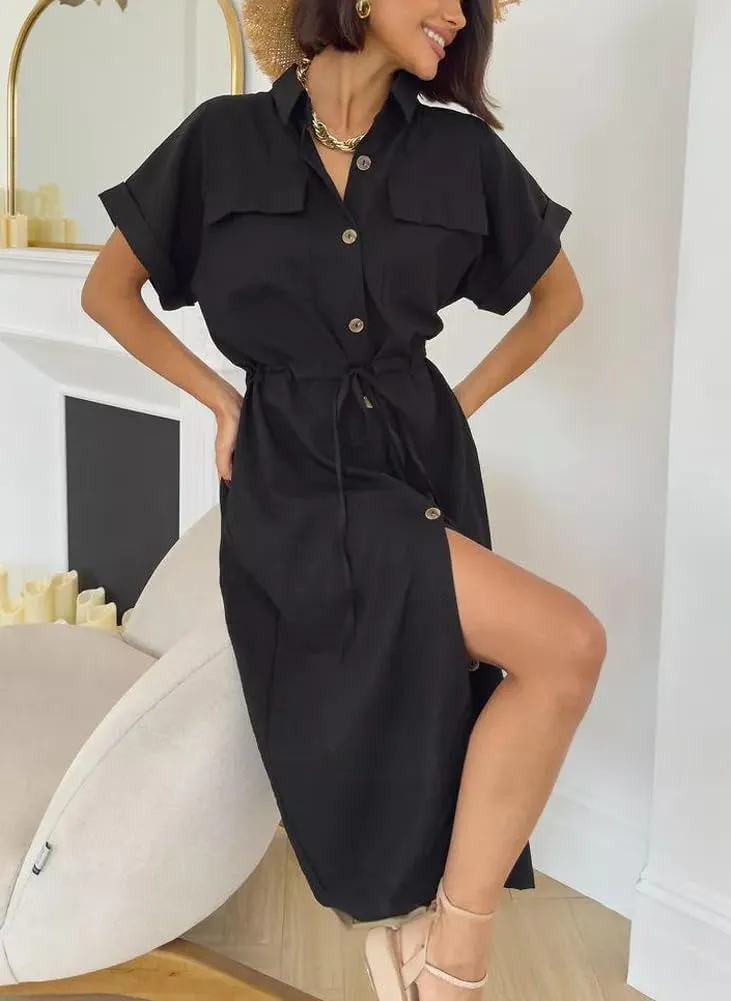chouyatou Women's Summer Button Down Shirt Dress High Elastic Waist Boho Beach Midi Long Tunic Dress