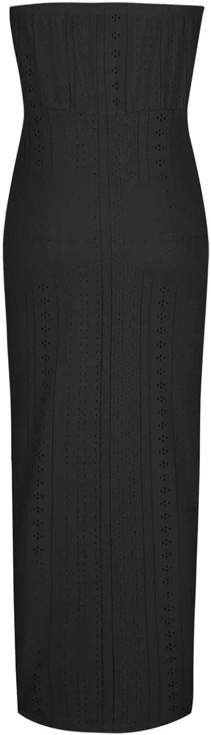 Cocktail Dresses for Women Sexy High Split Bodycon Strapless Eyelet Embroidery Wedding Dress Summer Casual Sundress