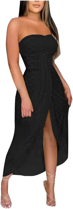 Cocktail Dresses for Women Sexy High Split Bodycon Strapless Eyelet Embroidery Wedding Dress Summer Casual Sundress