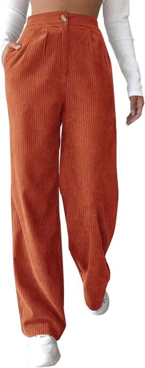 Corduroy Pants for Women Vintage Elastic High Waist Straight Wide Leg Pants Fall Winter Casual Work Trouser Trendy 2024