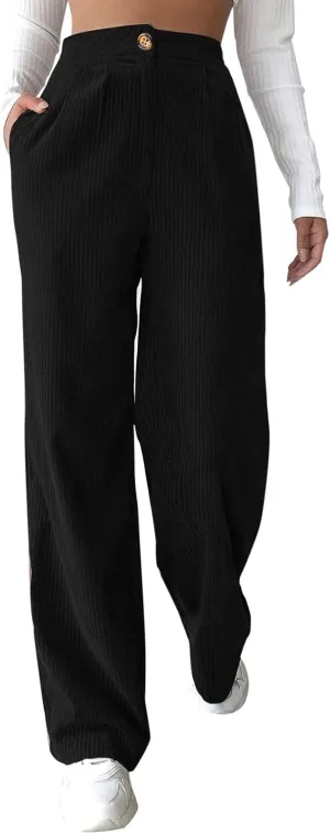 Corduroy Pants for Women Vintage Elastic High Waist Straight Wide Leg Pants Fall Winter Casual Work Trousers 2023 Trendy