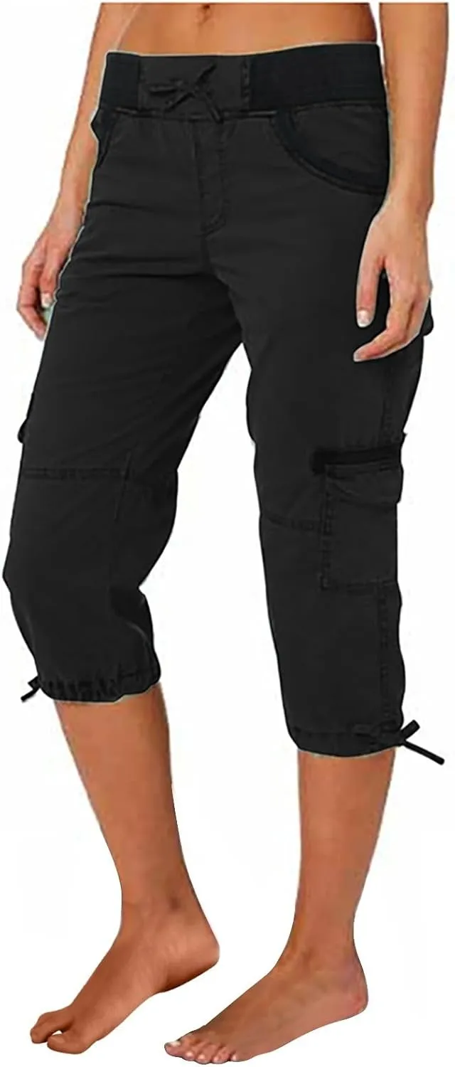 Cotton Cargo Capris for Women with Pockets Plus Size High Waisted Light Weight Hiking Travel Pants Trousers