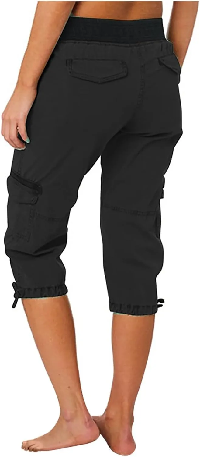 Cotton Cargo Capris for Women with Pockets Plus Size High Waisted Light Weight Hiking Travel Pants Trousers