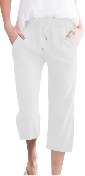 Cotton Linen Capri Pants for Women 2025 Casual Summer Drawstring Elastic Waist Wide Leg Cropped Trousers with Pockets