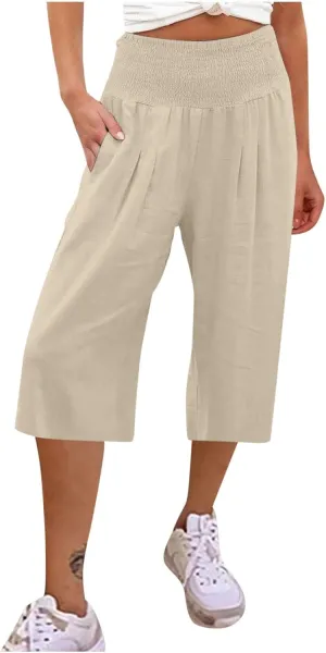 Cotton Linen Capris Pants for Women Casual Summer Loose Wide Leg Pant High Waist Straight Cropped Trousers