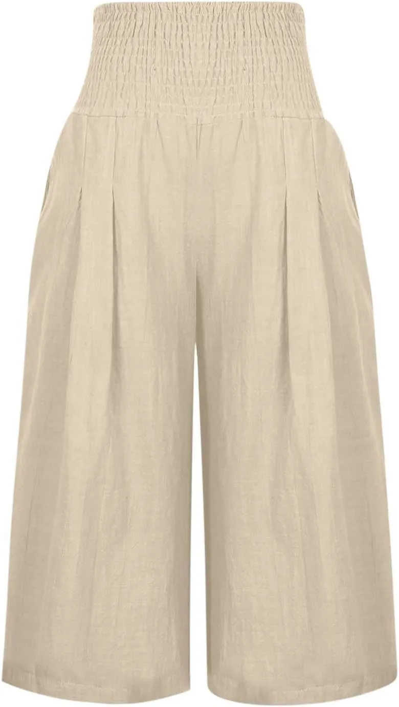 Cotton Linen Capris Pants for Women Casual Summer Loose Wide Leg Pant High Waist Straight Cropped Trousers