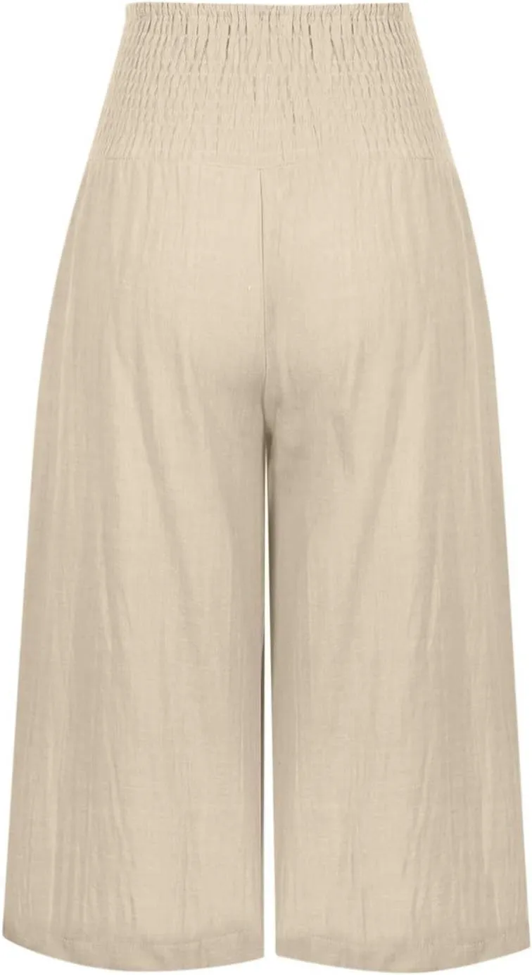 Cotton Linen Capris Pants for Women Casual Summer Loose Wide Leg Pant High Waist Straight Cropped Trousers