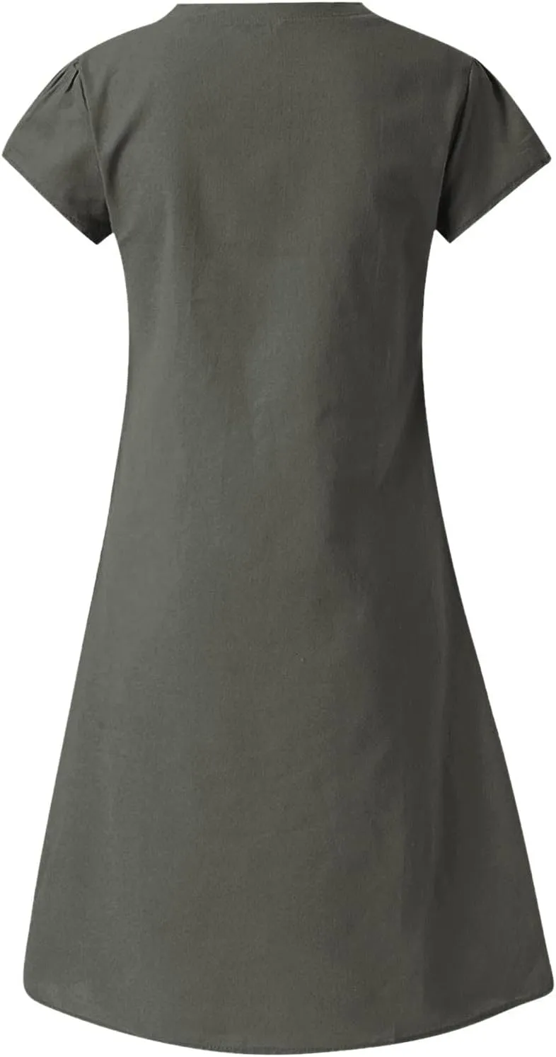 Cotton Linen Dresses for Women, 2024 Summer Casual Short Sleeve Midi Dress,Trendy V Neck Beach Sundresses