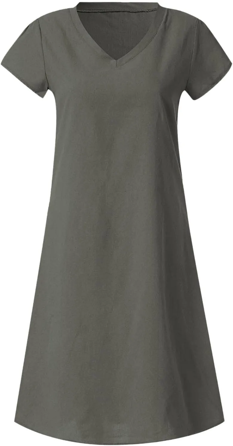 Cotton Linen Dresses for Women, 2024 Summer Casual Short Sleeve Midi Dress,Trendy V Neck Beach Sundresses