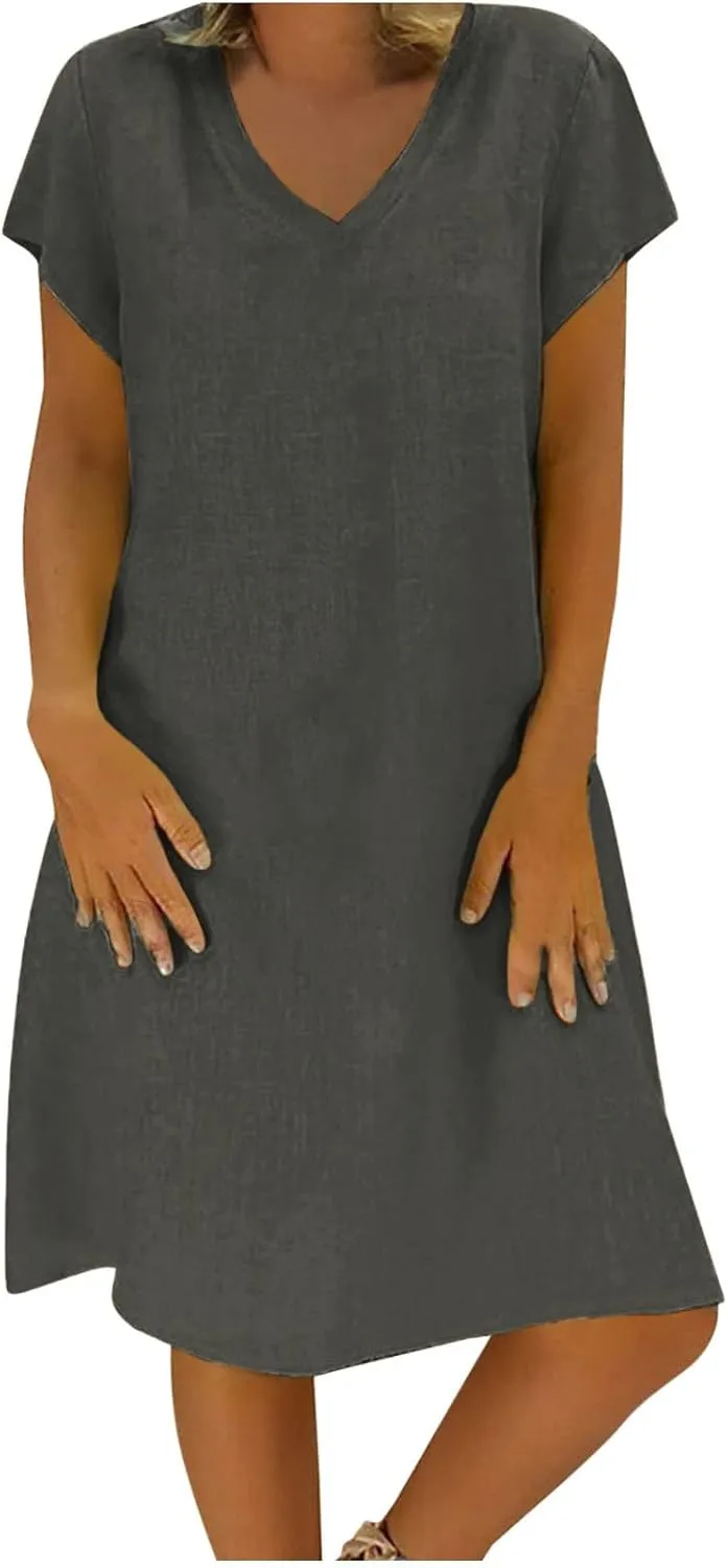 Cotton Linen Dresses for Women, 2024 Summer Casual Short Sleeve Midi Dress,Trendy V Neck Beach Sundresses