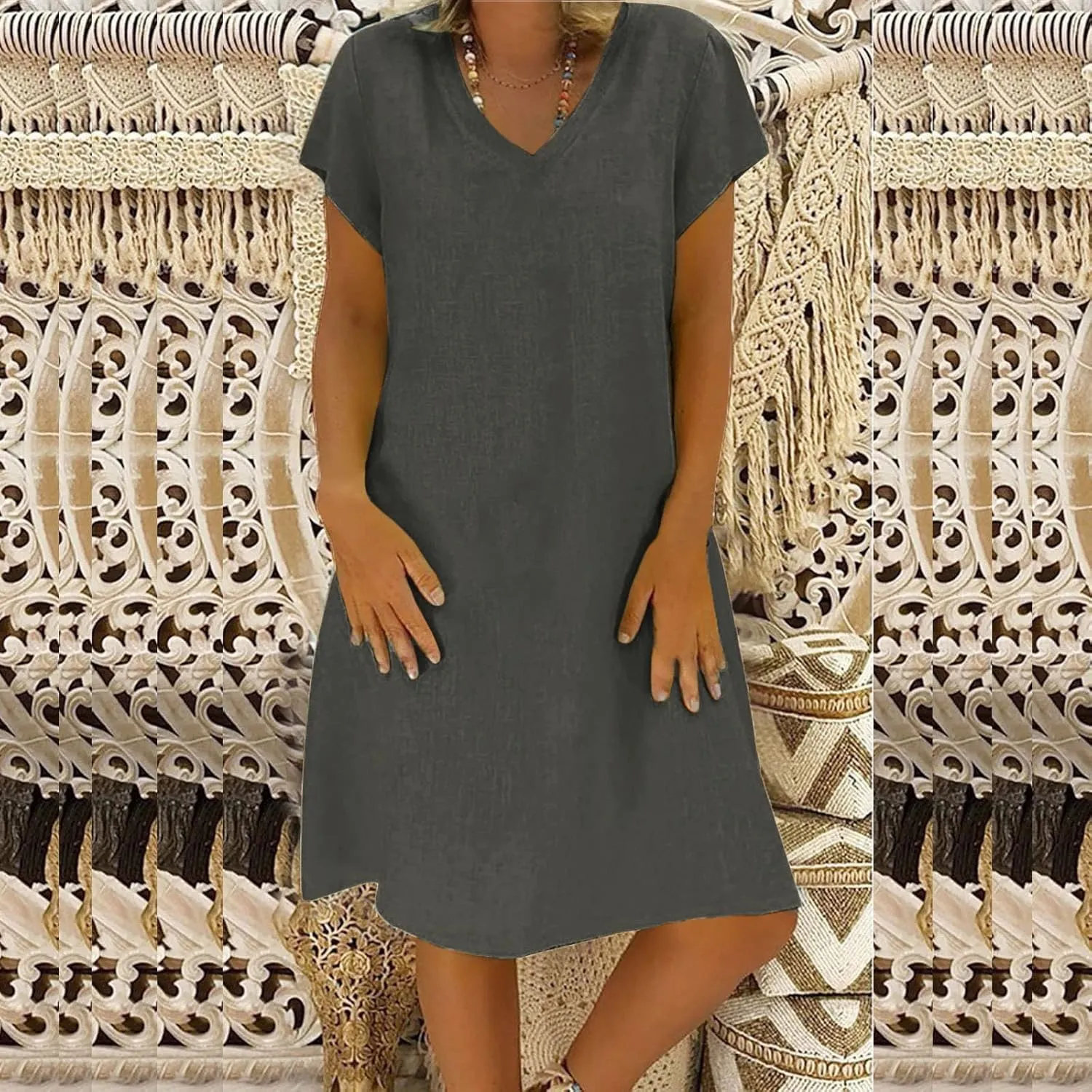 Cotton Linen Dresses for Women, 2024 Summer Casual Short Sleeve Midi Dress,Trendy V Neck Beach Sundresses