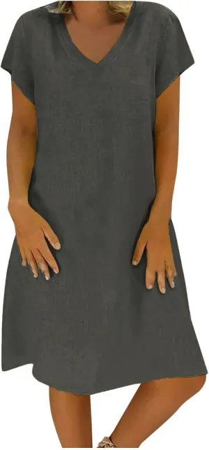 Cotton Linen Dresses for Women, 2024 Summer Casual Short Sleeve Midi Dress,Trendy V Neck Beach Sundresses