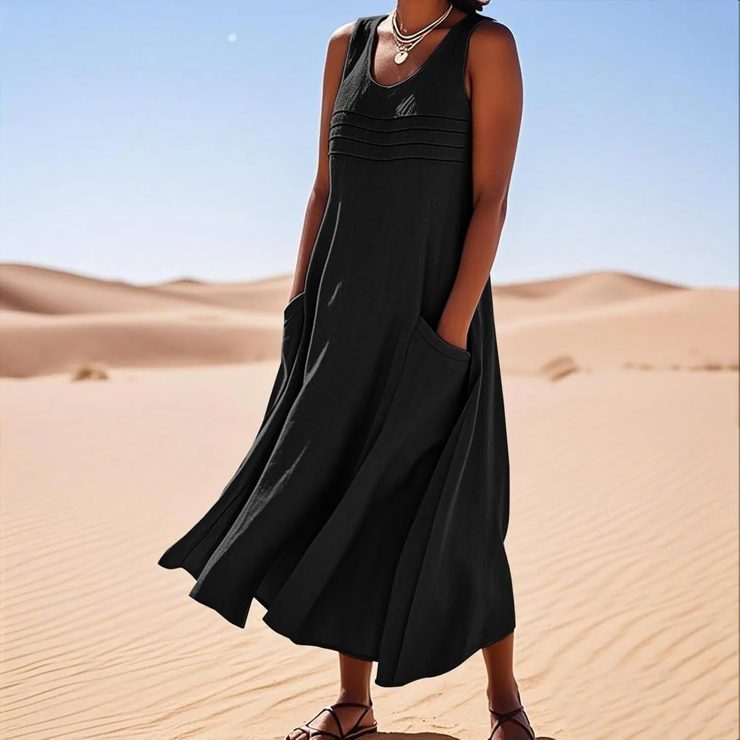 Cotton Linen Dresses for Women 2025 Summer Long Dress Sleeveless Flowy Plus Size Loose Tank Sundress with Pockets
