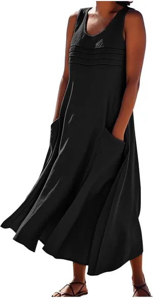 Cotton Linen Dresses for Women 2025 Summer Long Dress Sleeveless Flowy Plus Size Loose Tank Sundress with Pockets