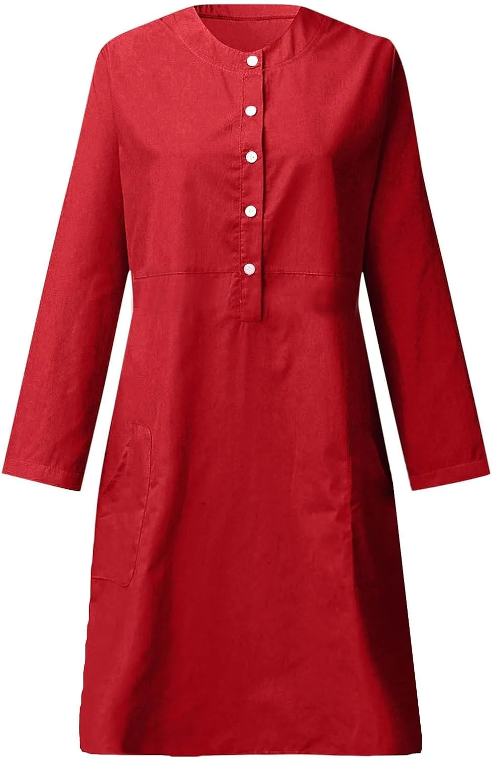 Cotton Linen Dresses for Women with Pockets Button Shirt Dress Long Sleeve Crewneck Plus Size Knee Length Dress 2025