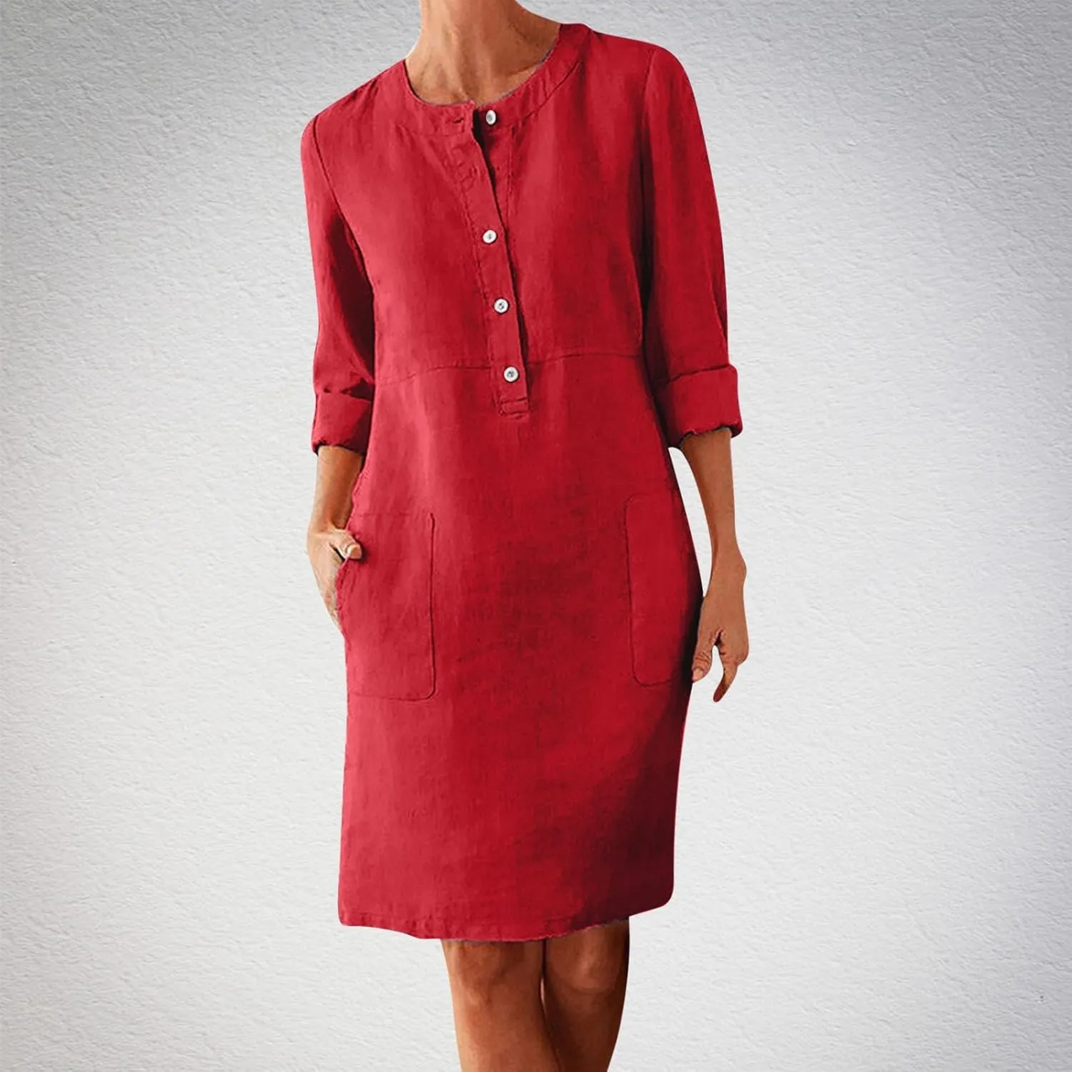Cotton Linen Dresses for Women with Pockets Button Shirt Dress Long Sleeve Crewneck Plus Size Knee Length Dress 2025