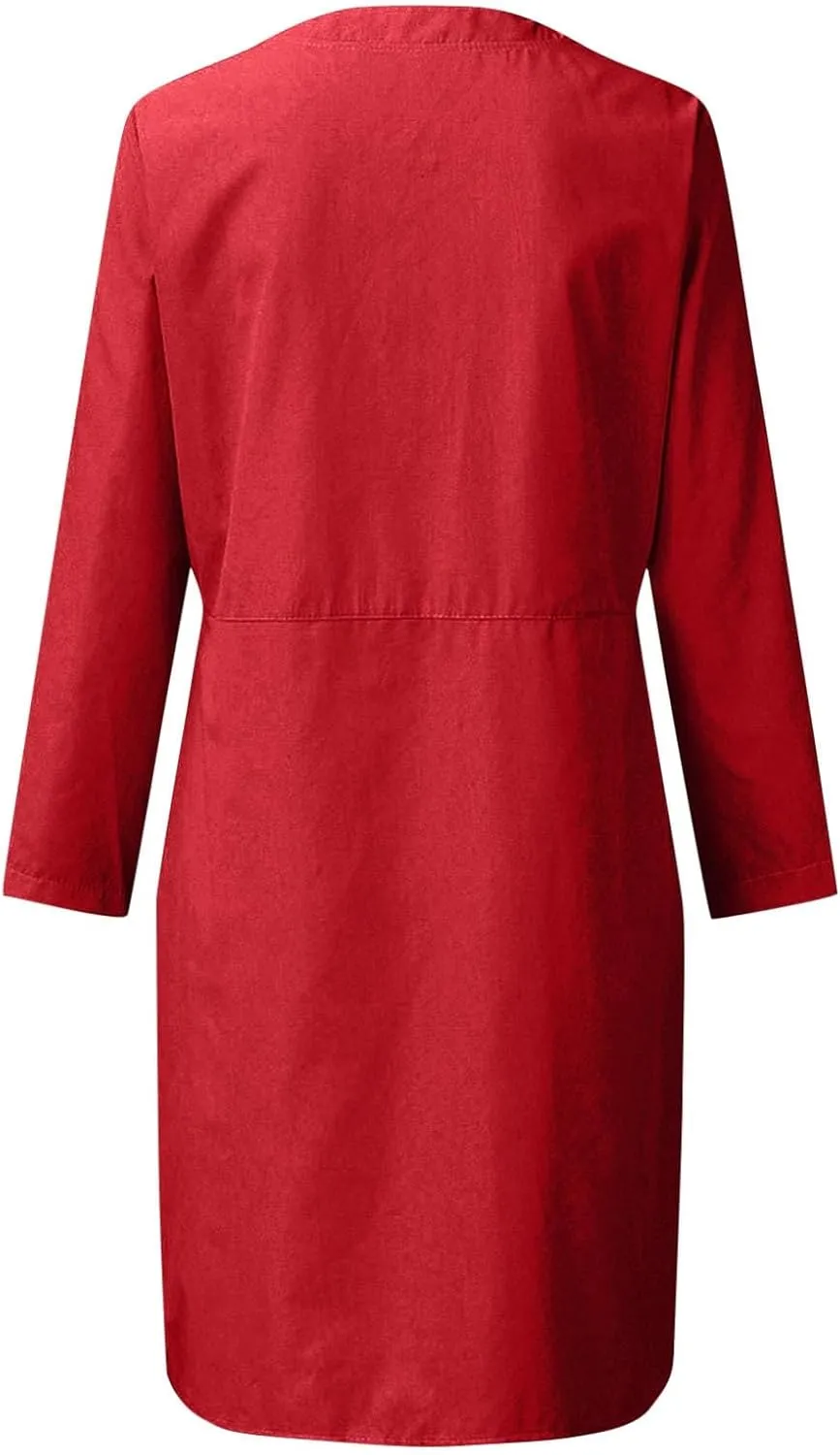 Cotton Linen Dresses for Women with Pockets Button Shirt Dress Long Sleeve Crewneck Plus Size Knee Length Dress 2025