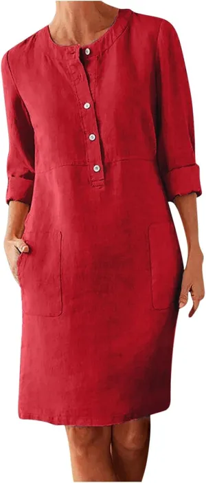 Cotton Linen Dresses for Women with Pockets Button Shirt Dress Long Sleeve Crewneck Plus Size Knee Length Dress 2025