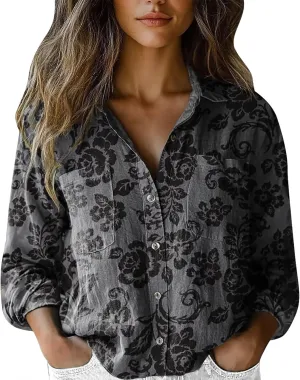 Cotton Linen Tops for Women 2025 Floral Printed V Neck Long Sleeve Blouse Collared Boho Shirt Casual Tops with