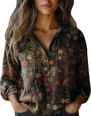 Cotton Linen Tops for Women 2025 Floral Printed V Neck Long Sleeve Blouse Collared Boho Shirt Casual Tops with