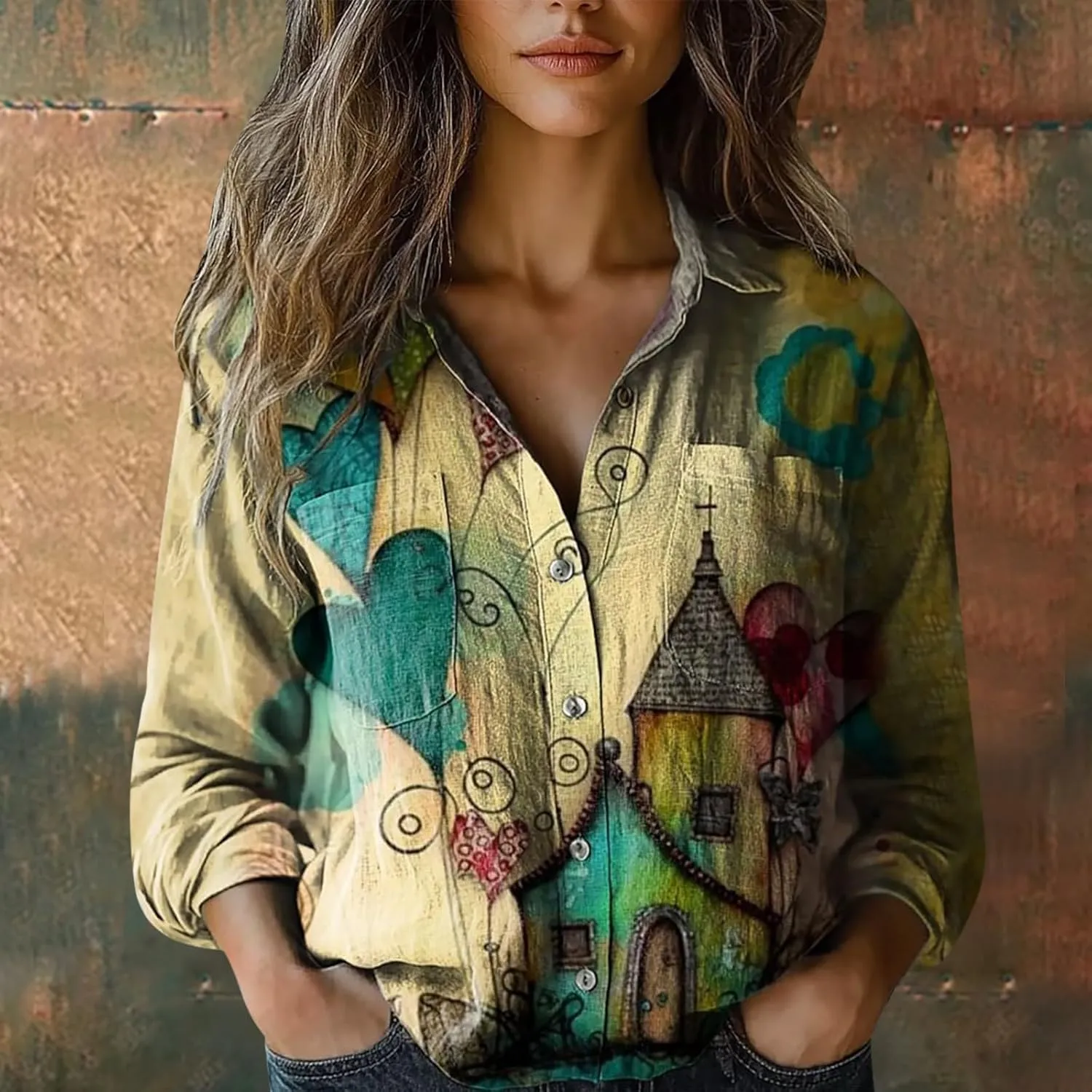 Cotton Linen Tops for Women 2025 Floral Printed V Neck Long Sleeve Blouse Collared Boho Shirt Casual Tops with