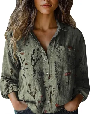 Cotton Linen Tops for Women 2025 Floral Printed V Neck Long Sleeve Blouse Collared Boho Shirt Casual Tops with