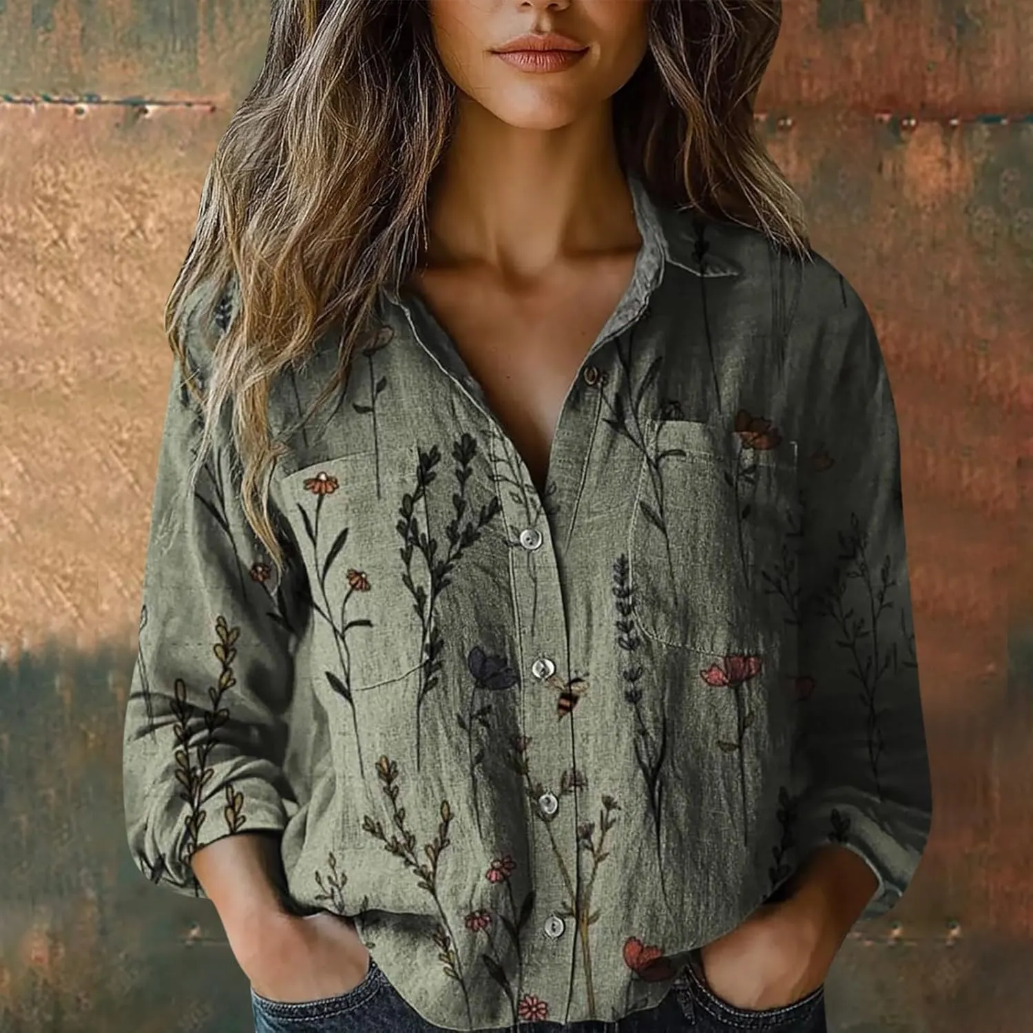Cotton Linen Tops for Women 2025 Floral Printed V Neck Long Sleeve Blouse Collared Boho Shirt Casual Tops with
