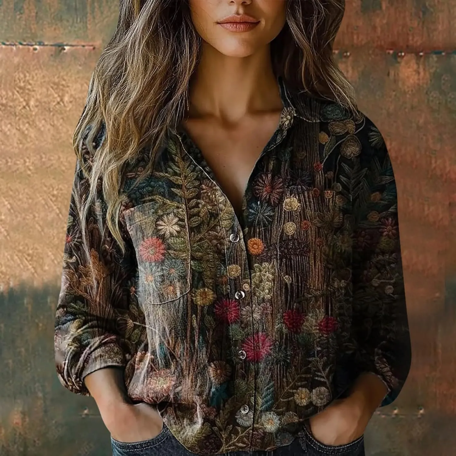 Cotton Linen Tops for Women 2025 Floral Printed V Neck Long Sleeve Blouse Collared Boho Shirt Casual Tops with