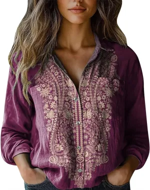 Cotton Linen Tops for Women 2025 Floral Printed V Neck Long Sleeve Blouse Collared Boho Shirt Casual Tops with