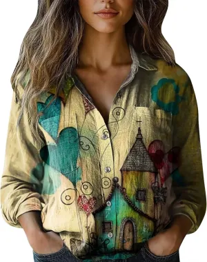 Cotton Linen Tops for Women 2025 Floral Printed V Neck Long Sleeve Blouse Collared Boho Shirt Casual Tops with
