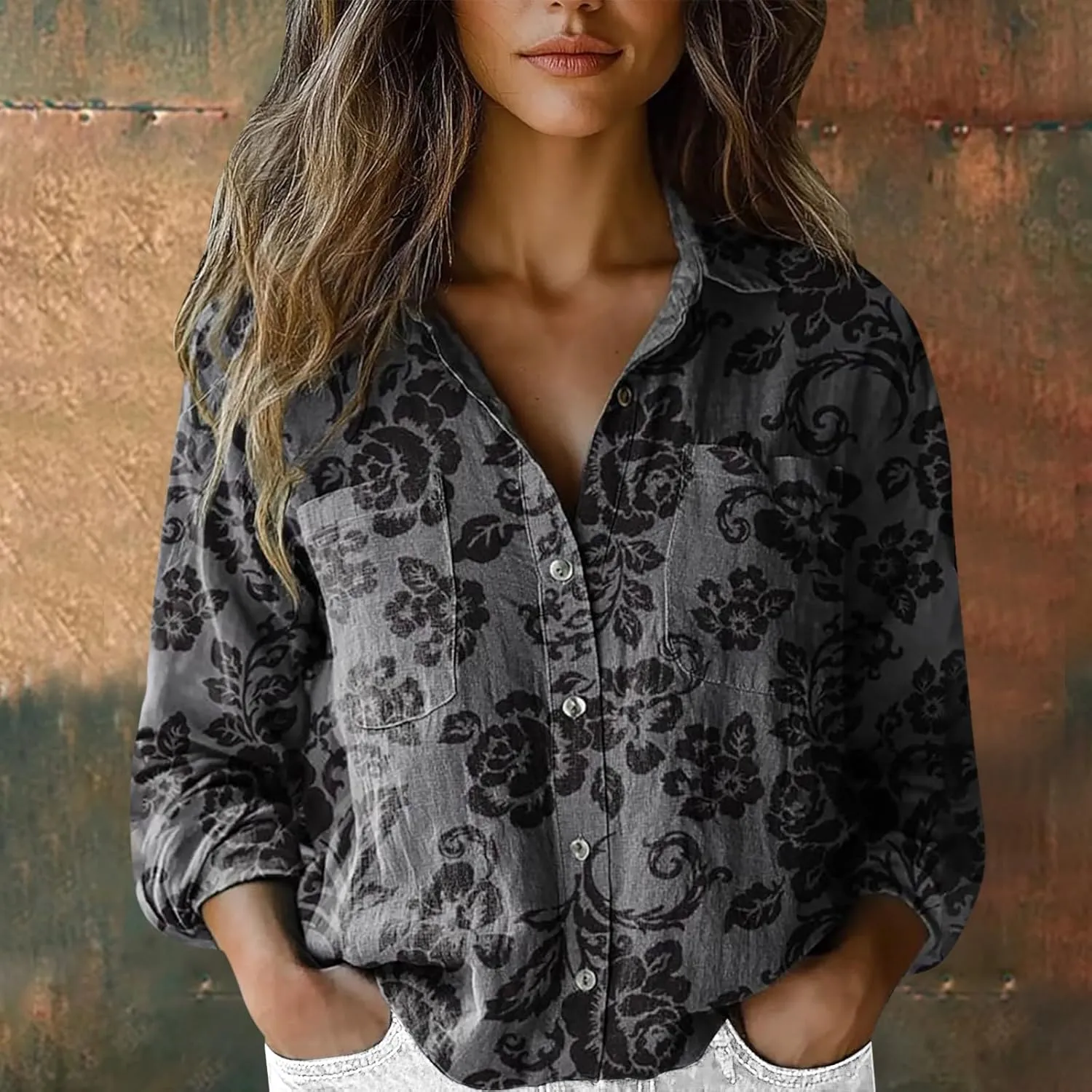 Cotton Linen Tops for Women 2025 Floral Printed V Neck Long Sleeve Blouse Collared Boho Shirt Casual Tops with