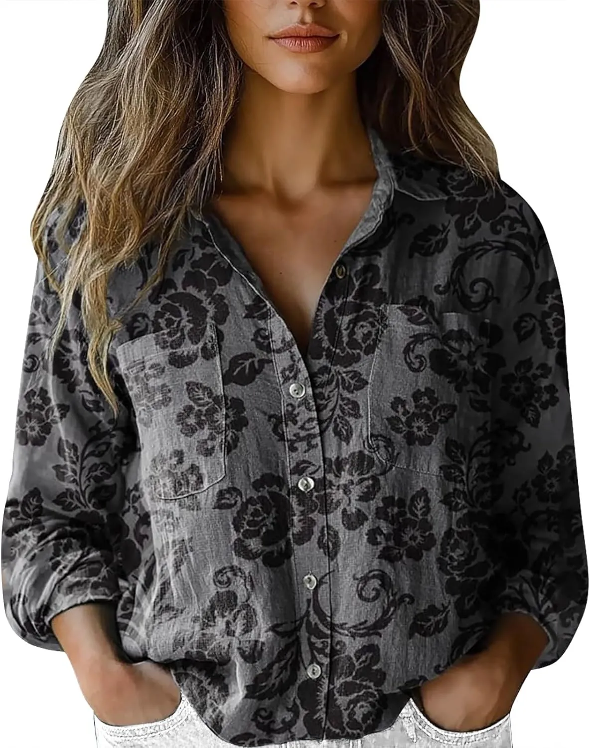 Cotton Linen Tops for Women 2025 Floral Printed V Neck Long Sleeve Blouse Collared Boho Shirt Casual Tops with