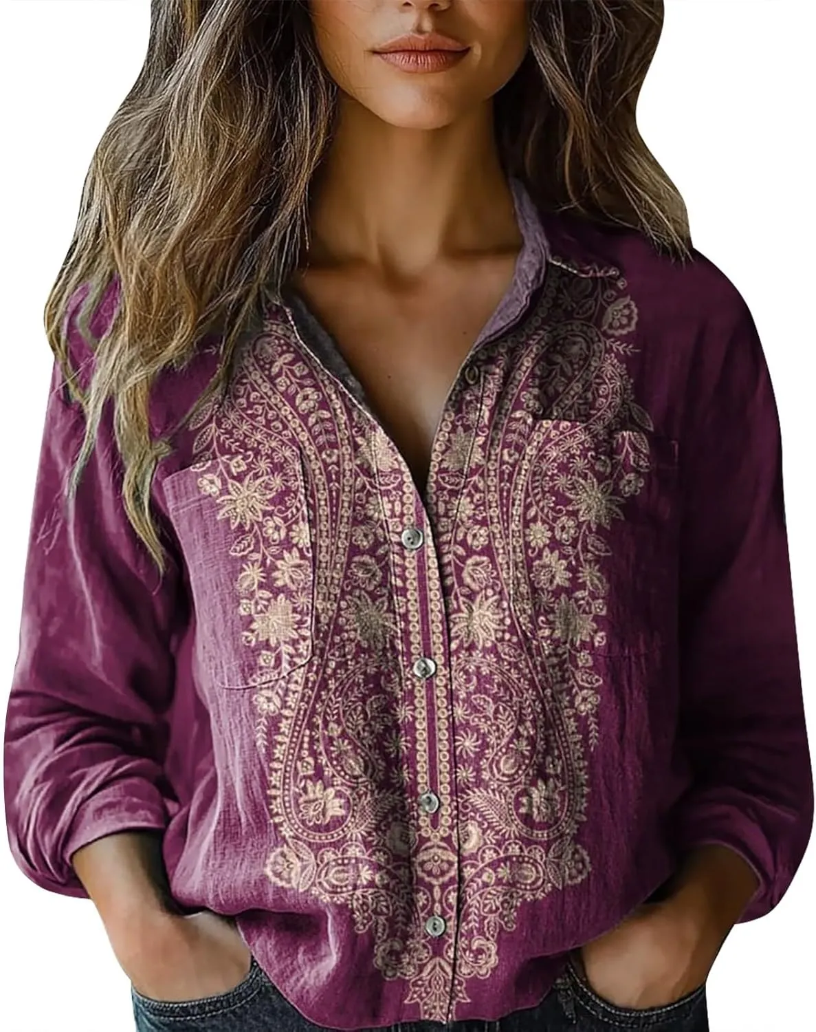 Cotton Linen Tops for Women 2025 Floral Printed V Neck Long Sleeve Blouse Collared Boho Shirt Casual Tops with