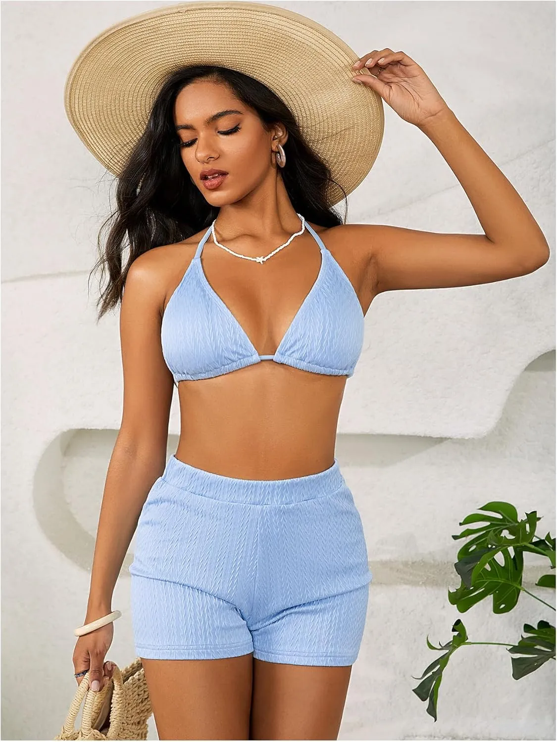 COZYEASE Women's 2 Piece Swimsuits Halter Triangle Top with High Waisted Shorts Bathing Suits Bikini Sets