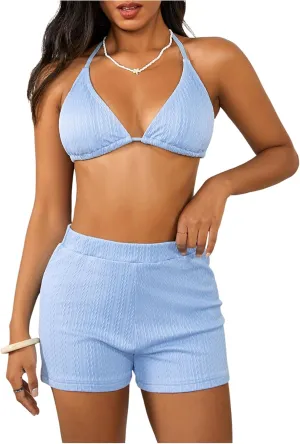 COZYEASE Women's 2 Piece Swimsuits Halter Triangle Top with High Waisted Shorts Bathing Suits Bikini Sets
