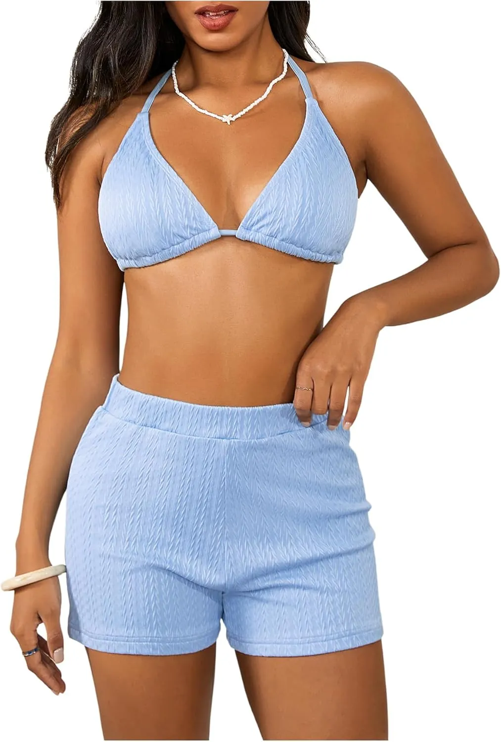 COZYEASE Women's 2 Piece Swimsuits Halter Triangle Top with High Waisted Shorts Bathing Suits Bikini Sets