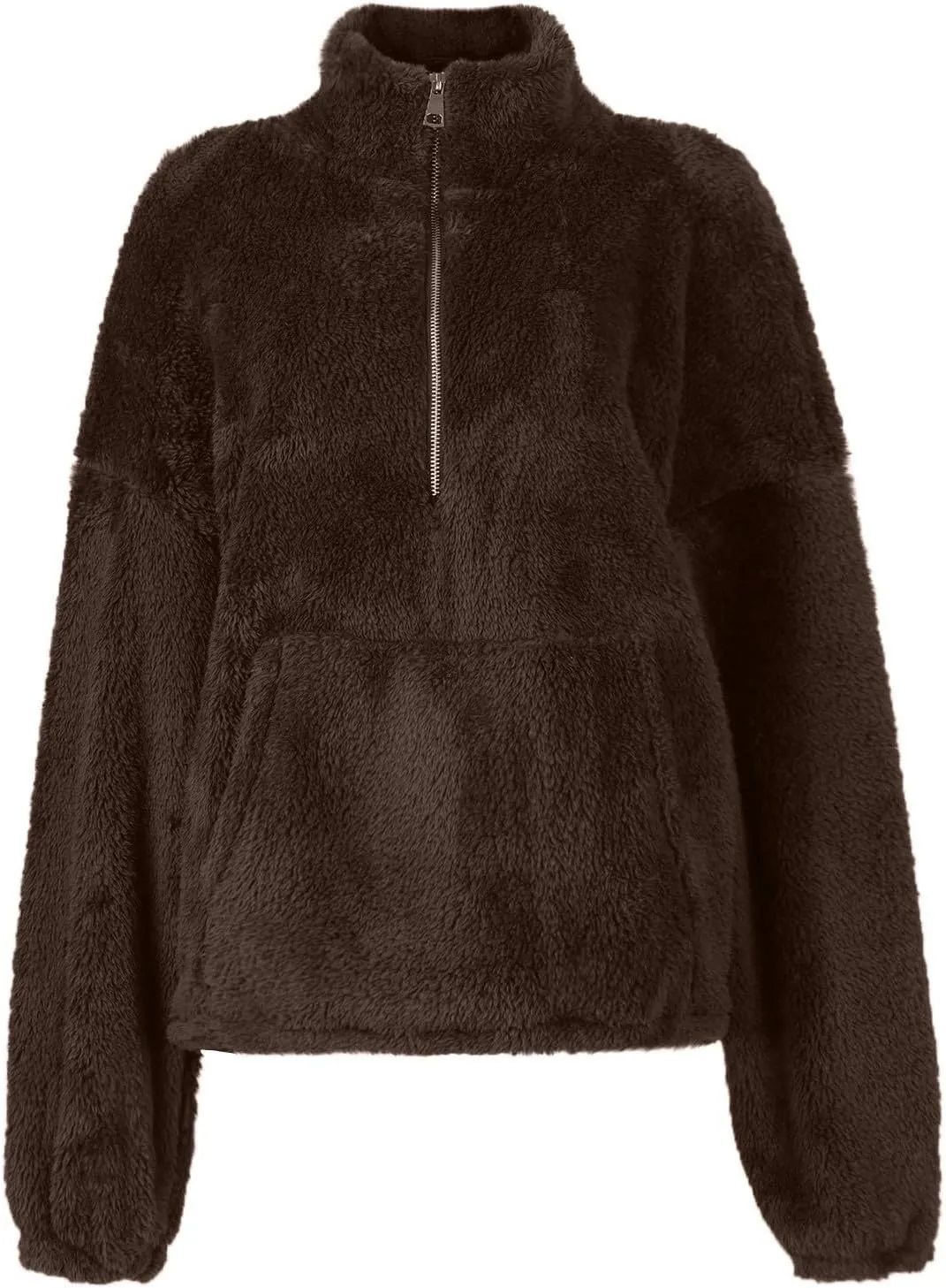 Cropped Half Zip Pullover Women Comfy Warm Sherpa Fleece Sweatshirt No Hood Quarter Zip Sweater with Pockets