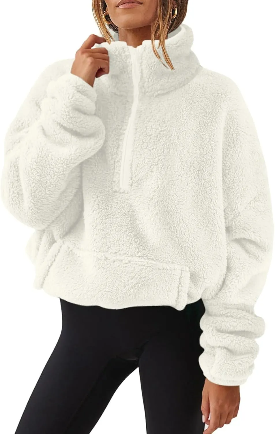Cropped Half Zip Pullover Women Comfy Warm Sherpa Fleece Sweatshirt No Hood Quarter Zip Sweater with Pockets