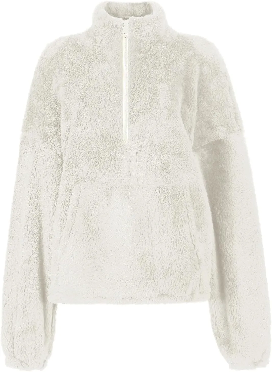 Cropped Half Zip Pullover Women Comfy Warm Sherpa Fleece Sweatshirt No Hood Quarter Zip Sweater with Pockets