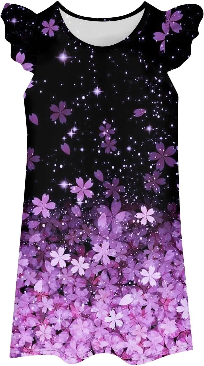 Cute Dresses for Women Spring Summer Floral Printed Crew Neck Ruffled Sleeves Midi Sundress Loose Daily Beach Dress