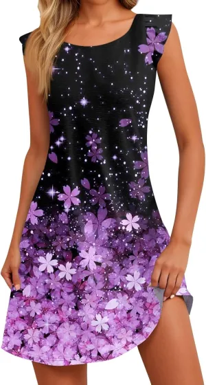 Cute Dresses for Women Spring Summer Floral Printed Crew Neck Ruffled Sleeves Midi Sundress Loose Daily Beach Dress